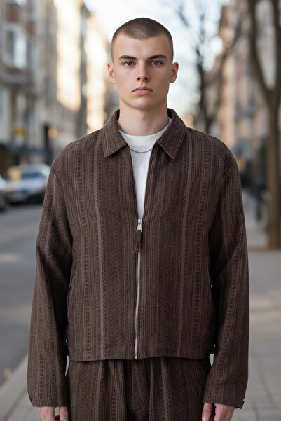 İLKCET MODA Мъжка къса яке с етнически мотиви и кафе цвят