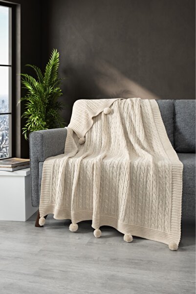 Sevim Ponponlu Triko Örme Tv Battaniyesi–Örgü Koltuk & Omuz Şalı & Diz Battaniyesi–130x170 cm-Koyu Krem
