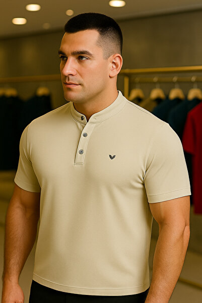 Maccali Men's Plus Size Basic Polo Neck Cream T-Shirt