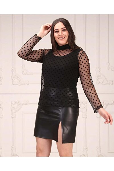 Zer Otantik Large Size Slit Detail Leather Skirt Black