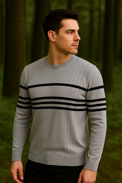 Maccali Men's Striped Long Sleeve Gray Knitwear Winter Sweater