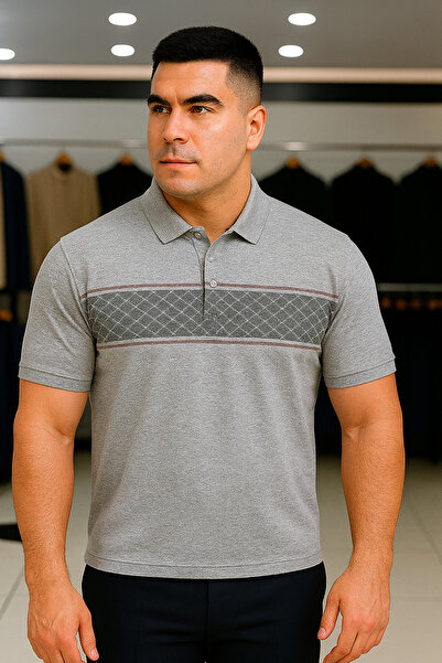 Maccali Ανδρικό μπλουζάκι με μοτίβο μεγάλου μεγέθους, χαλαρό γκρι γιακά πόλο