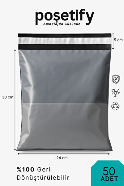 POŞETİFY Cepli Kargo Poşeti 24x30x5 cm | 50 Adet | E-Ticaret Poşeti | Gri | Yapışkan Bantlı Kargo Zarfı