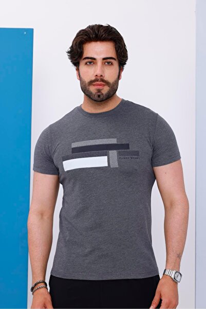 Piyera Muški antracit okrugla kragna Štampano T-shirt - 170