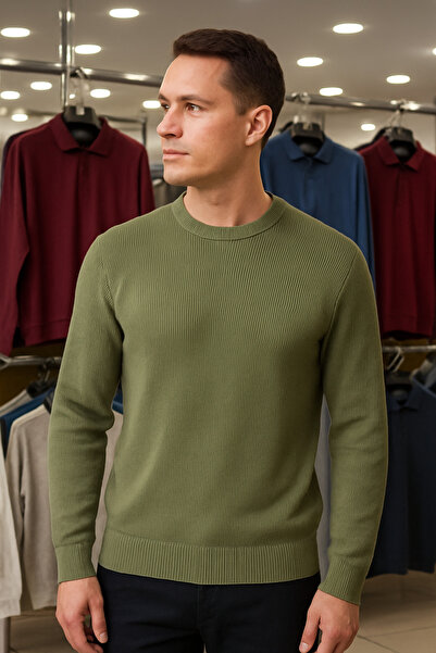 Maccali Ανδρικό πλεκτό πουλόβερ με ριγέ χακί λαιμόκοψη