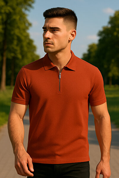 Maccali Men's Short Sleeve Zippered Basic Tile Polo Neck T-Shirt