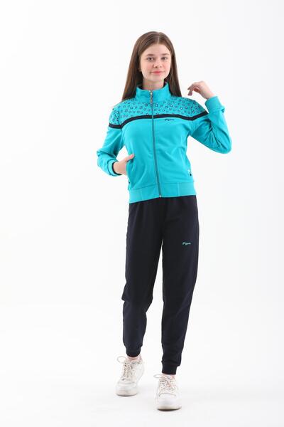 Piyera Girl's Emerald Elastic Leg Zippered Stand Collar Tracksuit Set - 4006