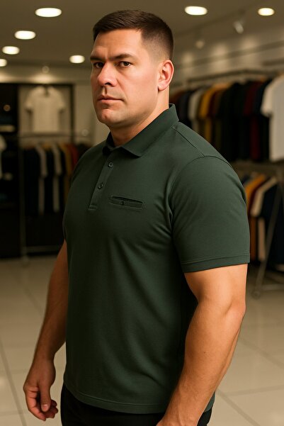 Maccali Men's Plus Size Basic Khaki Polo Neck T-Shirt with Pockets