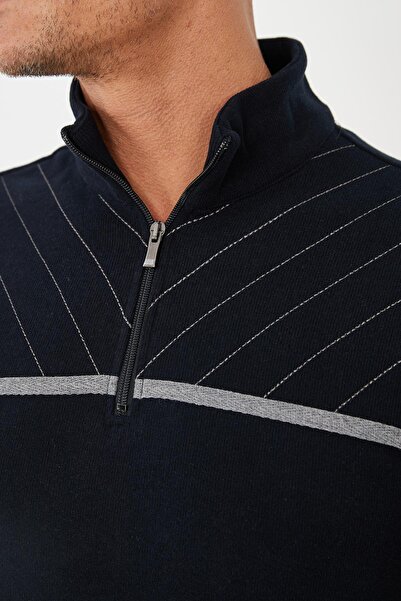Maccali Men's Urbanedge Striped Zippered Throat Navy Blue Sweatshirt
