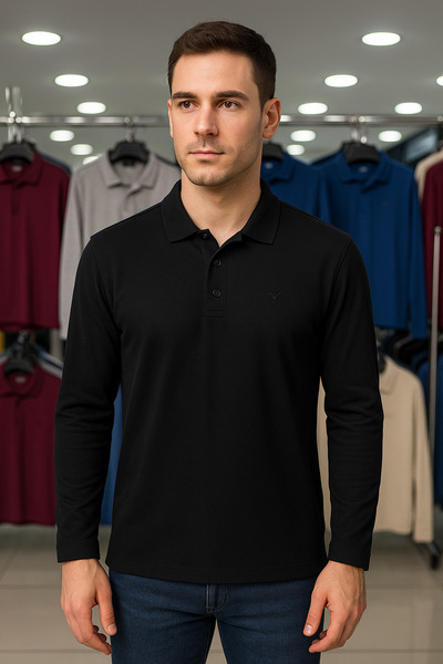 Maccali Ανδρικό μαύρο μακρυμάνικο μπλουζάκι με γιακά πόλο Casual Basic