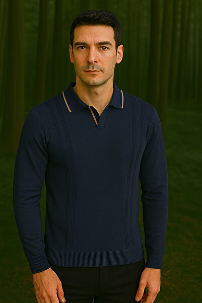 Maccali Чоловічий поло з коміром-стійкою, смугастий, базовий, синій, зимовий светр