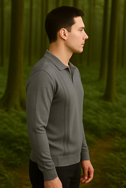 Maccali Чоловічий светр з поло-комірцем, смугастий, базовий, сірий, зимовий