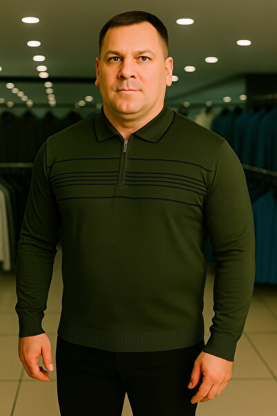 Maccali Men's Plus Size Striped Khaki Polo Zipper Sweatshirt