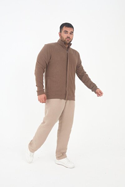 Maccali Men's Large Size Zip-Up Cardigan Oversized Pocket Brown Sweatshirt