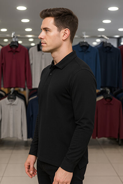 Maccali Ανδρικό μαύρο μακρυμάνικο μπλουζάκι με γιακά πόλο Casual Basic