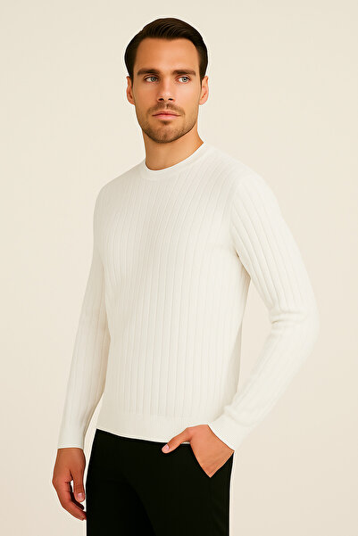 Maccali Ανδρικό μακρυμάνικο ριγέ λευκό χειμωνιάτικο πλεκτό πουλόβερ