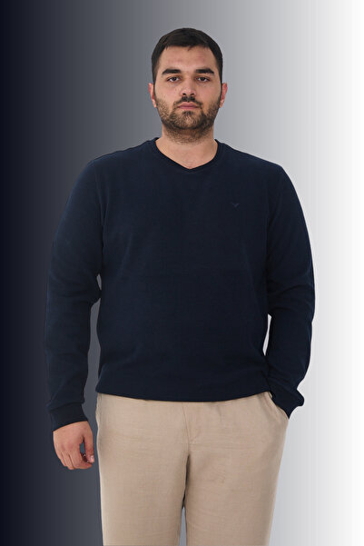 Maccali Ανδρικό φούτερ μεγάλου μεγέθους V-Neck Battal Basic Navy Blue