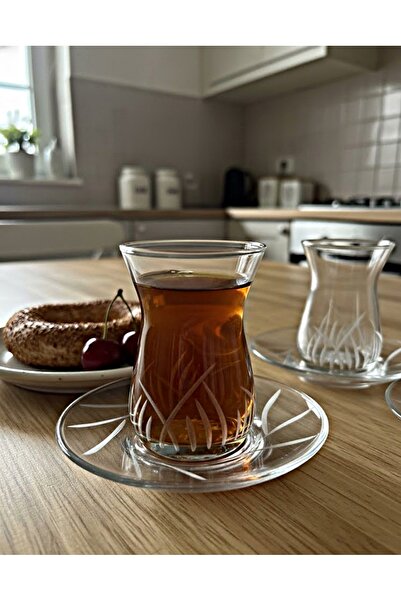 DECOSTYLE Pasabahce Irem Cutwork Decorated 12 Piece Tea Set for 6 People - Luxurious Crystal Look Presentation