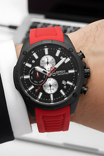 Sergio Tacchini Premium Lüx Erkek Kol Saati Kırmızı Silikon Kordon Siyah Renk...
