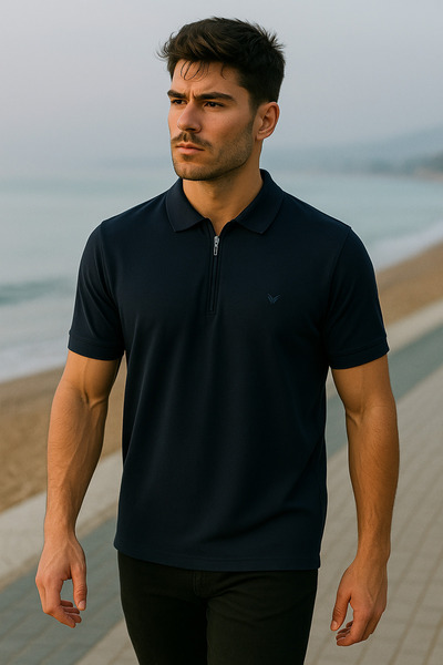 Maccali تي شيرت رجالي بأكمام قصيرة وسحاب أساسي باللون الأزرق الداكن وياقة بولو