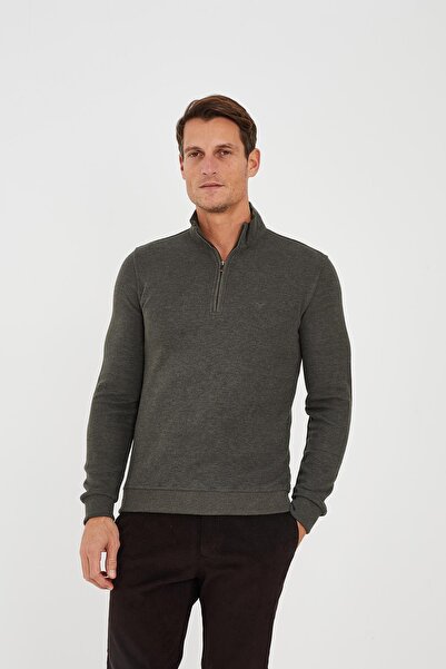 Maccali Men's High Top Half Zipper Fisherman Basic Long Khaki Sweatshirt