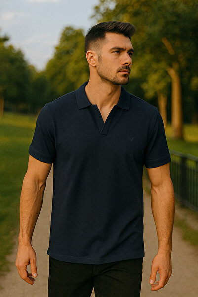 Maccali Men's Short Sleeve Cotton Navy Blue Polo Neck Basic T-Shirt