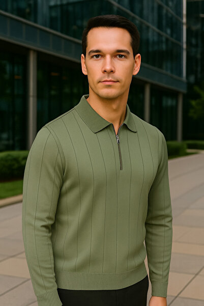 Maccali Ανδρικό φούτερ με ριγέ πράσινο γιακά πόλο με φερμουάρ