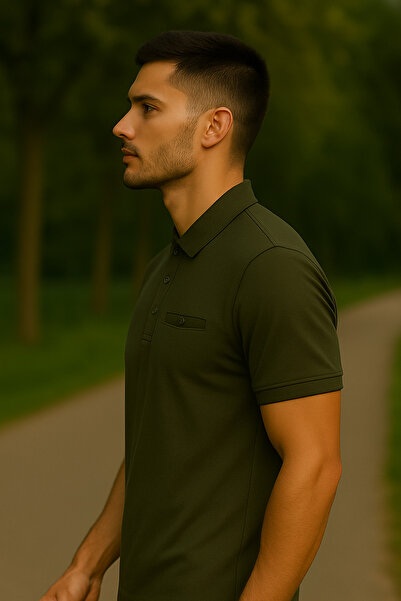 Maccali Men's Basic Long Plain Khaki Polo Neck T-Shirt with Pockets