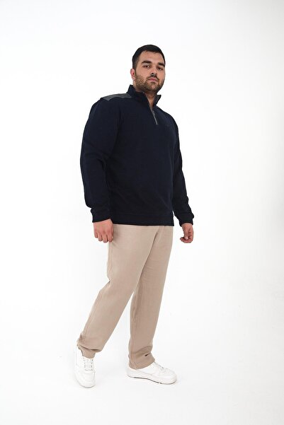 Maccali Men's Large Size Half Zip Oversized Navy Blue Sweatshirt