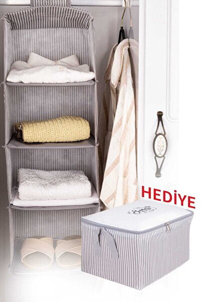 Textile sweet Dolap Içi Düzenleyici 4 Bölmeli Raf Gri Çizgili Katlanabilir Do...