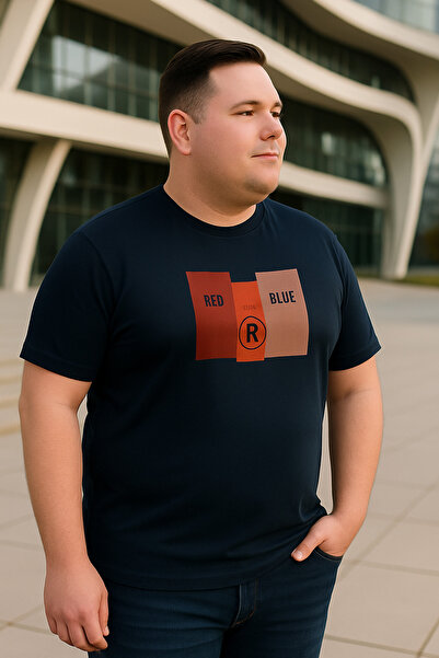 Maccali Men's Printed Short Sleeve Large Size Loose Navy Blue T-Shirt