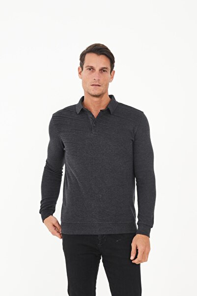 Maccali Men's Classic Buttoned Basic Winter Long Anthracite Polo Neck T-Shirt