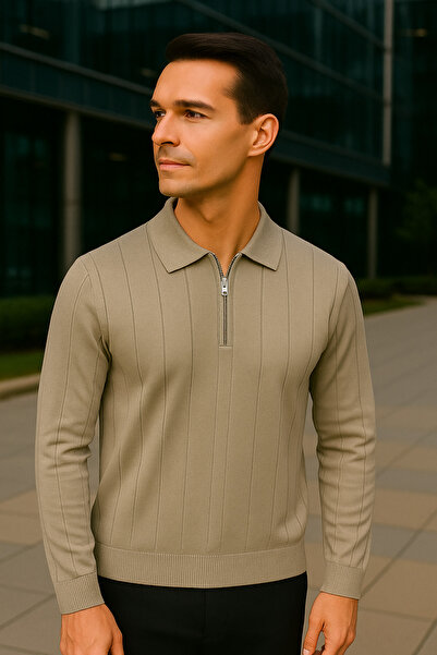 Maccali Erkek Çizgili Bej Polo Yaka Fermuarlı Sweatshirt