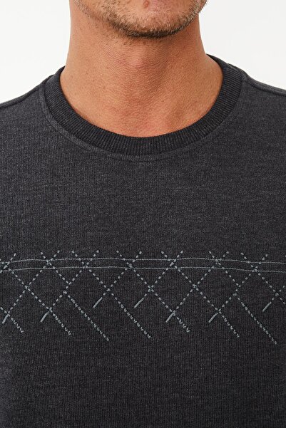 Maccali Men's Cloudfit Basic Long Crew Neck Pattern Anthracite Sweatshirt