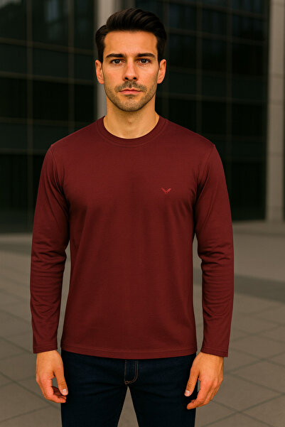 Maccali Men's Long Sleeve Casual Comfortable Basic Burgundy Sweatshirt