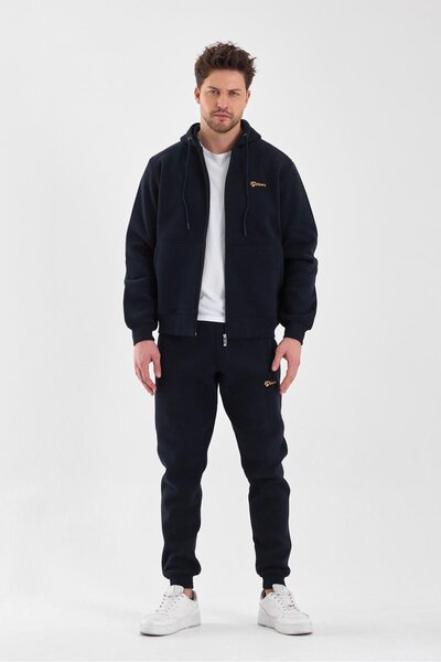 Men's Three Thread Hooded Zipper Closed Pocket Elastic Leg Open Navy Mustard Tracksuit -