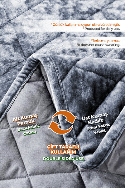 Evlen Home Collection Double Velvet Bed Cover Set - Supersoft Quilted, 3 Pieces, Soft Fiber Filled Gray