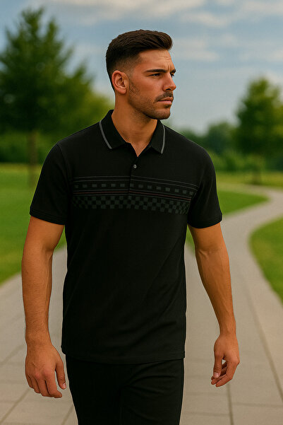 Maccali Men's Short Sleeve Patterned Black Polo Neck T-Shirt