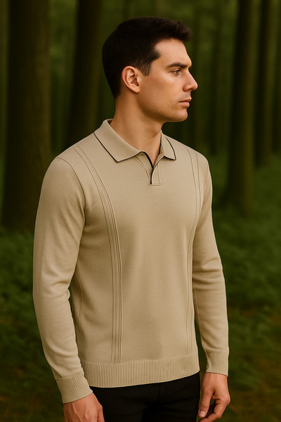 Maccali Ανδρικό πουλόβερ με ριγέ λαιμόκοψη, βασικό χαλαρό μπεζ χειμερινό πουλόβερ