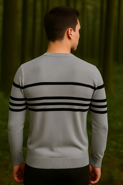 Maccali Ανδρικό χειμερινό πουλόβερ με ριγέ μακρυμάνικο γκρι πλεκτό