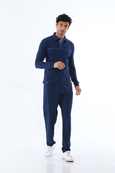 Piyera Men's Two Thread Fabric Light Navy Polo Neck Long Sleeve Sweatshirt Tr...