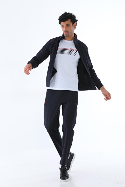 Piyera Erkek İki İplik Dalgıç Kumaş Fermuarlı Lacivert-Kırmızı Spor Eşofman Takımı - 7506