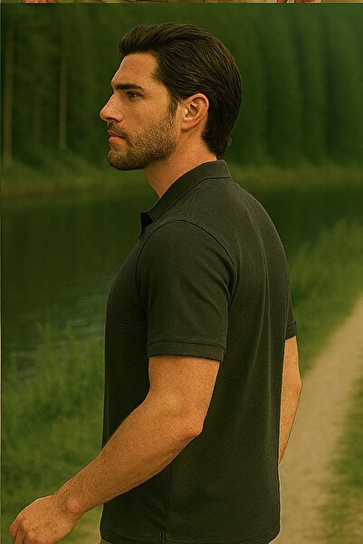 Maccali Men's Large Size Loose Patterned Khaki Polo Neck T-Shirt