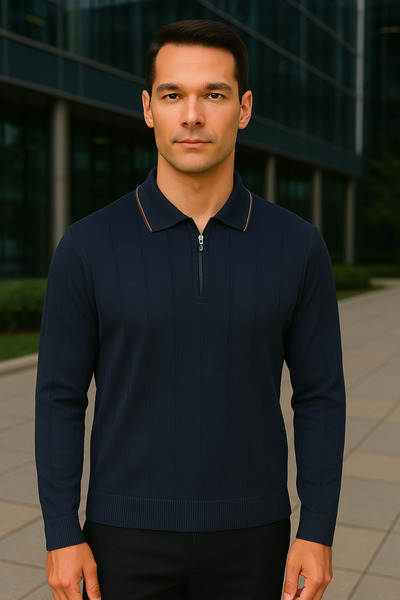 Maccali Чоловічий смугастий темно-синій светр з коміром-поло та застібкою-блискавкою