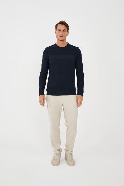 Maccali Ανδρικό μακρύ βασικό φούτερ με μοτίβο με λαιμόκοψη Navy Blue