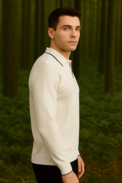 Maccali Ανδρικό πουλόβερ με ριγέ λαιμόκοψη, βασικό φαρδύ λευκό χειμωνιάτικο πουλόβερ