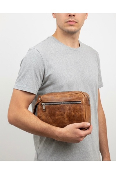 Hakiki Deri Taba Erkek El Çantası – Fermuarlı Ön Cep Ve El Tutmaçlı, 15x22 Cm