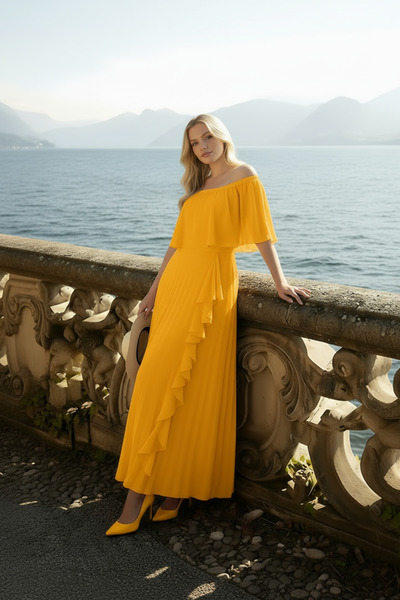 Romina Daila Omuz Dekolteli Volanlı Uzun Abiye Şifon Davet ve Düğün Elbisesi