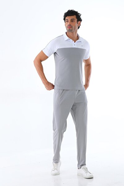 Piyera Men's Combination Gray Mercerized Fabric Polo Neck Shoulder Stripe Short Sleeve T-Shirt, Gray Sweatpants Bottom Top Jewelry