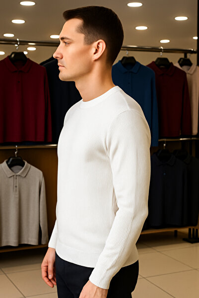 Maccali Ανδρικό πλεκτό πουλόβερ με ριγέ λευκό λαιμόκοψη